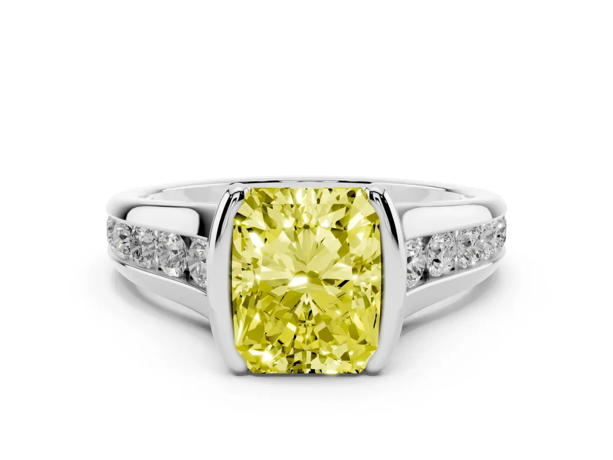 Fancy Yellow Radiant Cut Solitaire Bezel-Set Diamond Ring with Channel-Set Band Silver