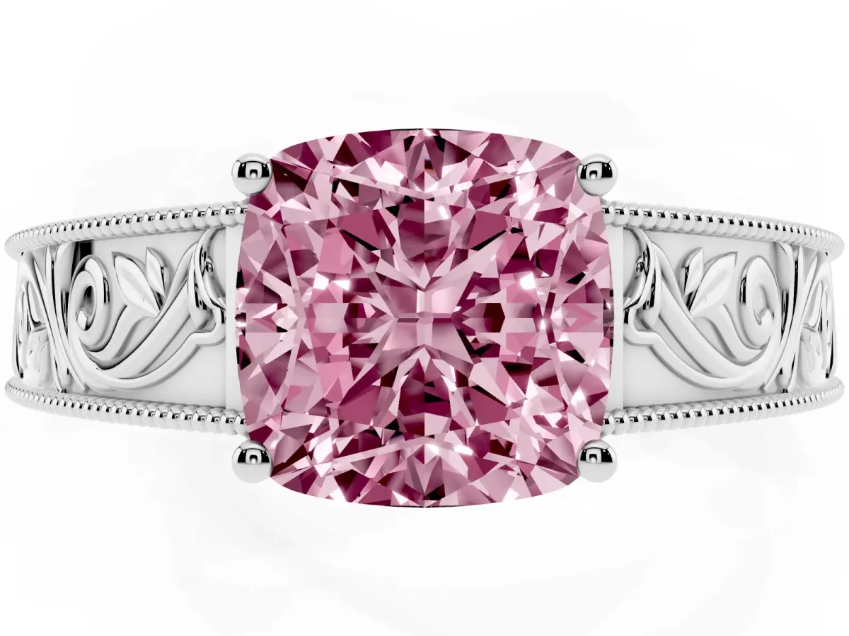 Fancy Pink Cushion Cut Diamond Solitaire Ring with Engraved Band and Four-Prong Setting Silver
