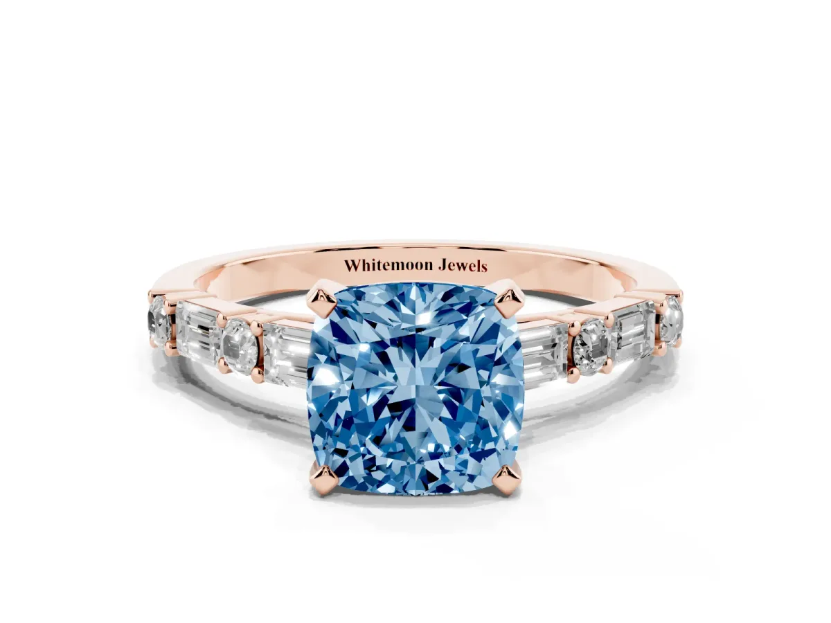 Fancy Blue Cushion Cut Diamond Solitaire with Side Baguettes and Channel Set Band Rose gold