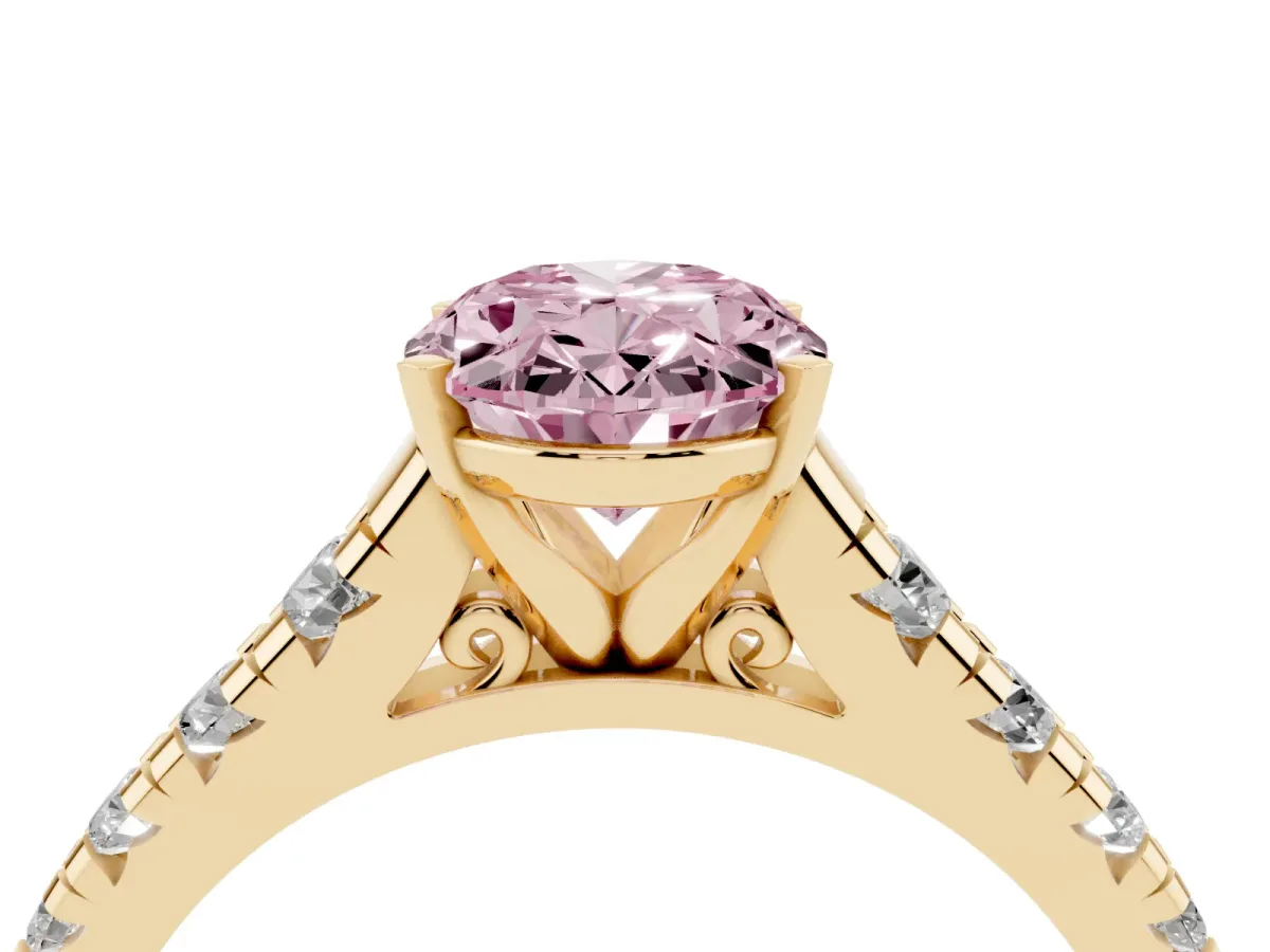 Fancy Pink Oval Cut Diamond Cathedral Solitaire Ring with Round Pavé Band Yellow gold