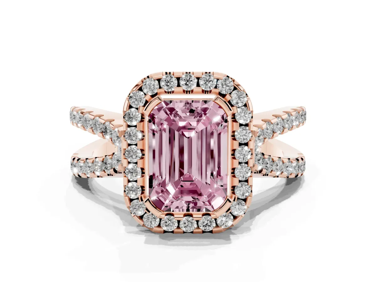 Fancy Pink Emerald Cut Diamond Halo Ring with Split Shank Pavé Band and Prong Setting Rose gold