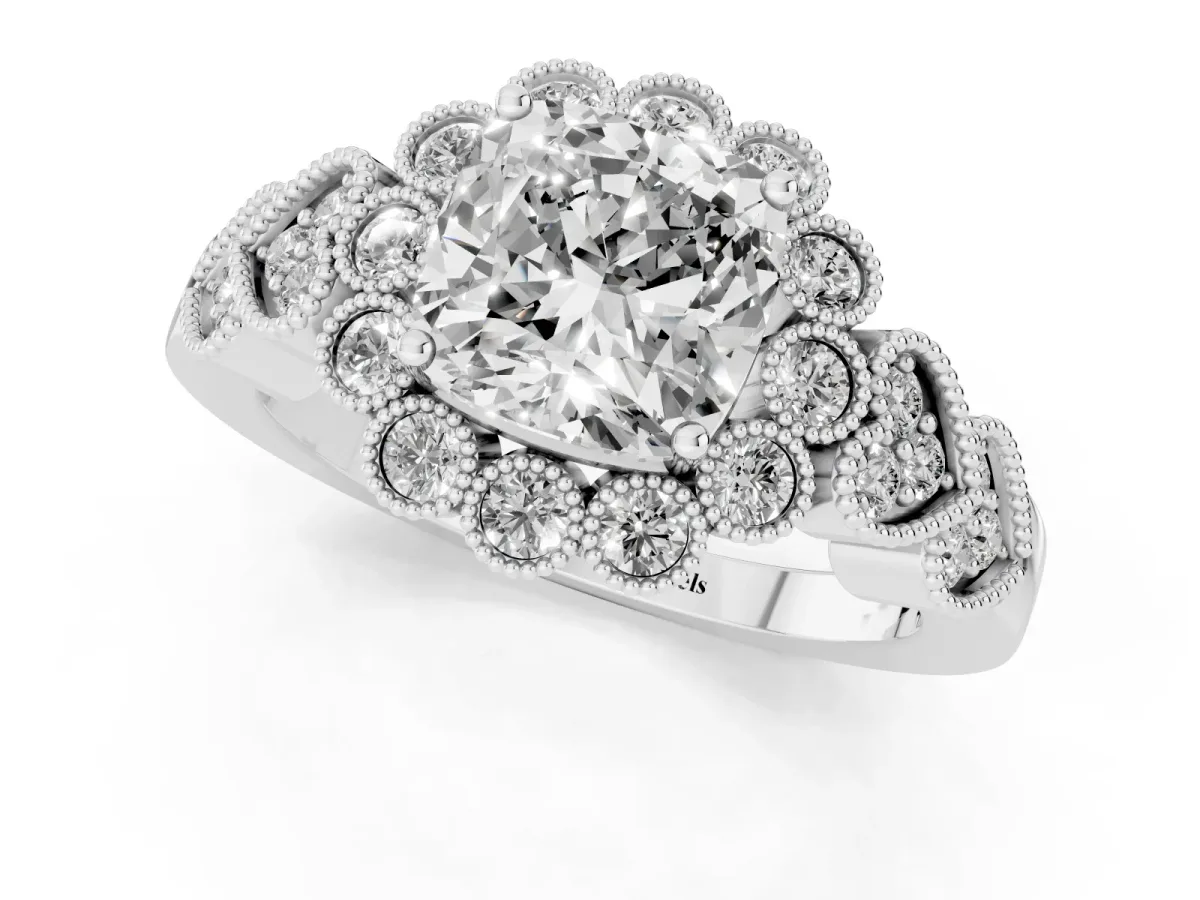 Cushion Cut Brilliant Milgrain Pave Heart Band Solitaire Ring Silver