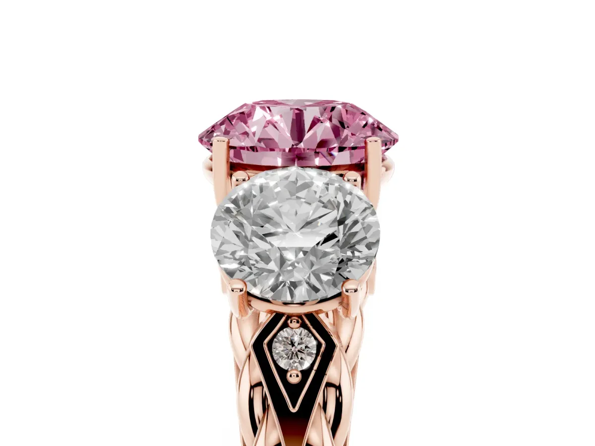 Fancy Pink Three-Stone Round Cut Diamond Braided Band Ring with Four-Prong Setting Rose gold