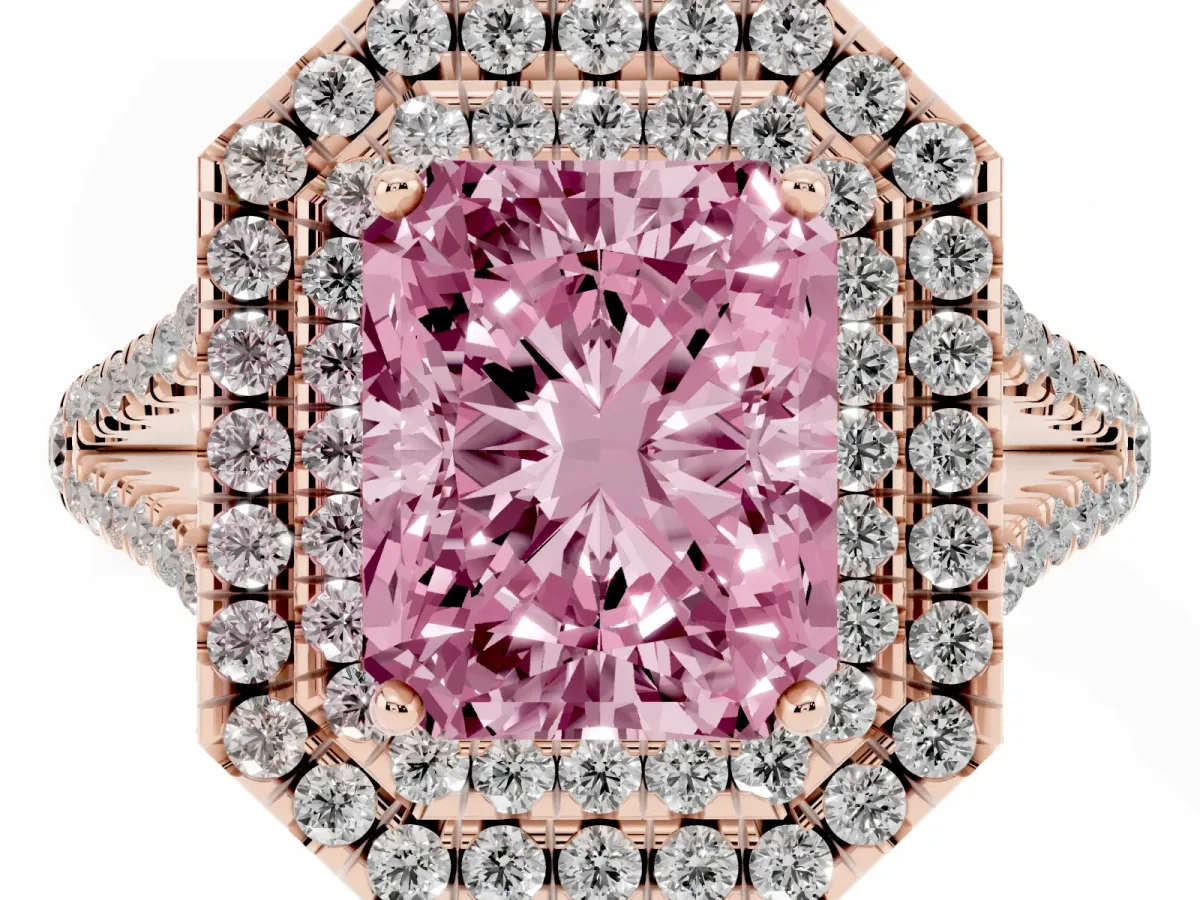 Fancy Pink Radiant Cut Diamond Double Halo Ring with Pavé Band and Prong Setting Rose gold