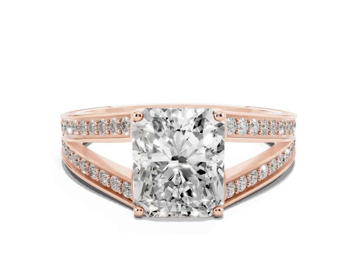 Radiant Cut Diamond Split Shank Ring with Pavé Band and Four-Prong Setting Rose gold