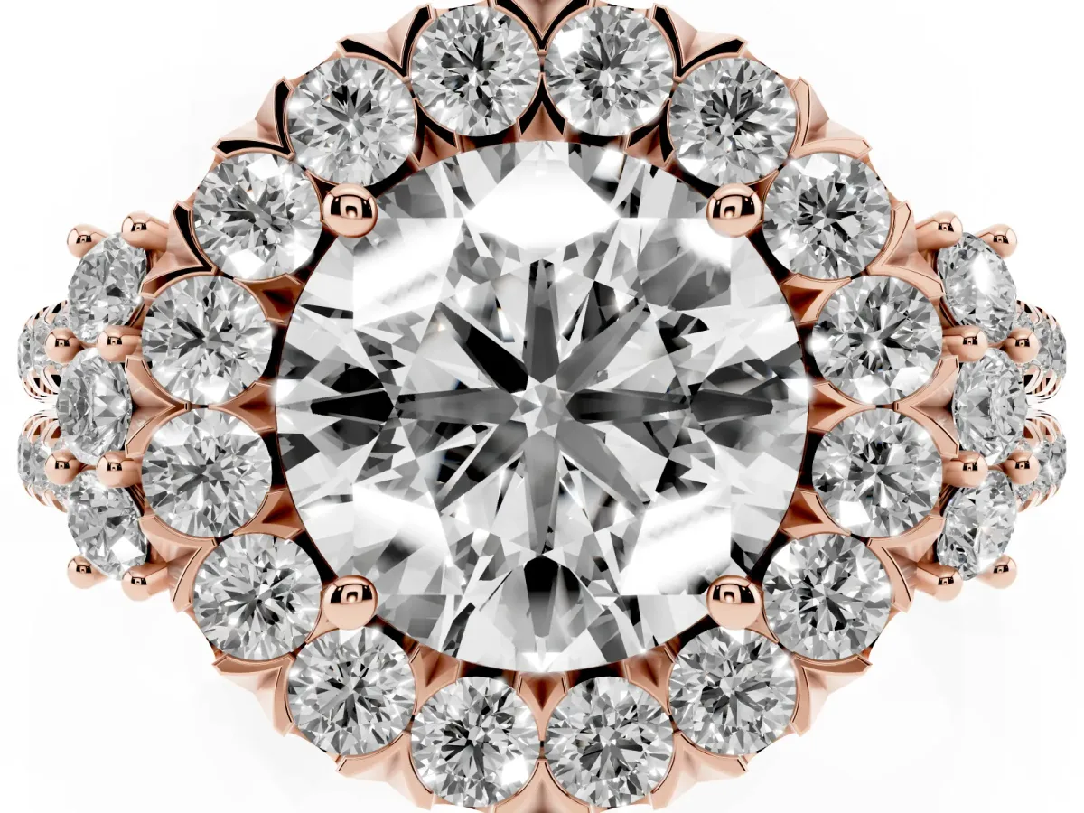 Round Cut Cut Double Halo Diamond Engagement Ring with Pave Band and Four-Prong Setting Rose gold