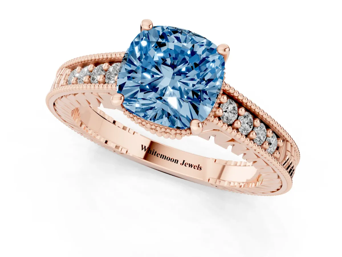 Fancy Blue Cushion Cut Solitaire Pavé Diamond Milgrain Engagement Ring with Four-Prong Setting Rose gold