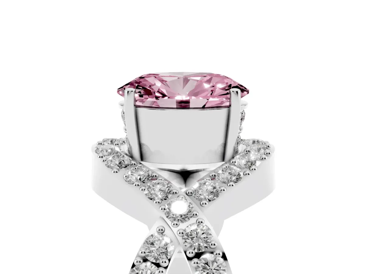 Fancy Pink Oval Cut Solitaire Twist Band Pavé Diamond Engagement Ring Silver