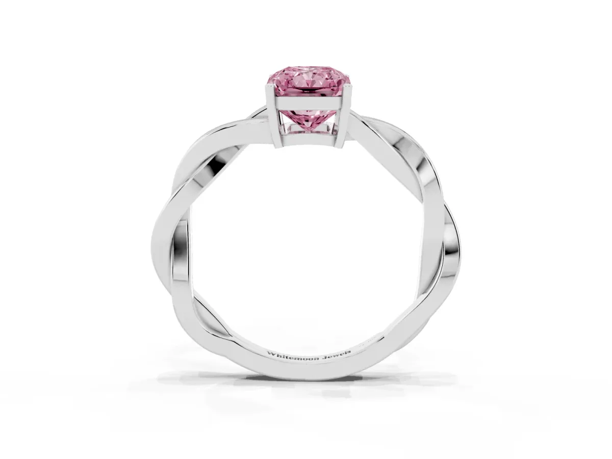Fancy Pink Radiant Cut Solitaire Twisted Pave Diamond Ring with Four-Prong Setting Silver