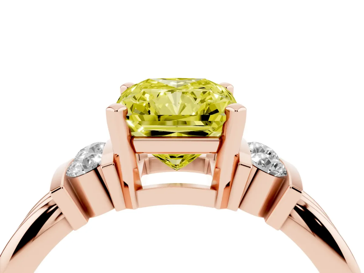 Fancy Yellow Radiant Cut Cut Three-Stone Channel Set Ring with Bar Prongs Rose gold