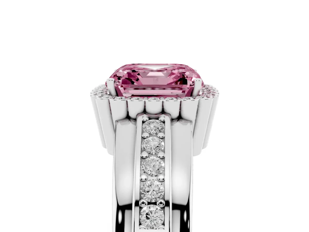 Fancy Pink Asscher Cut Cut Halo Pave Band Four-Prong Ring White gold
