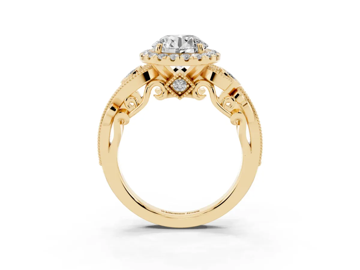 Round Cut Diamond Halo Ring with Milgrain Pavé Band and Four-Prong Setting Yellow gold