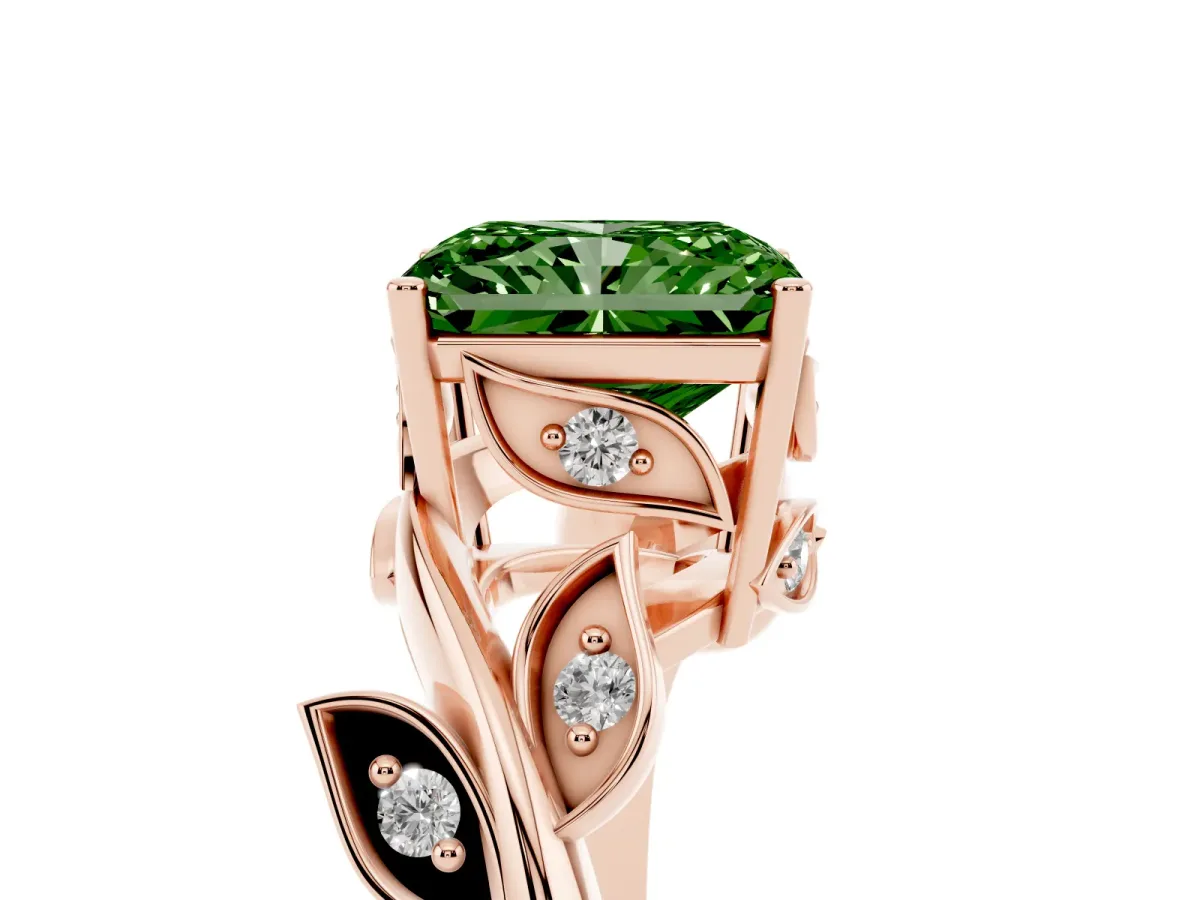 Fancy Green Radiant Cut Solitaire Twist Engagement Ring with Leaf Accents and Prong Setting Rose gold