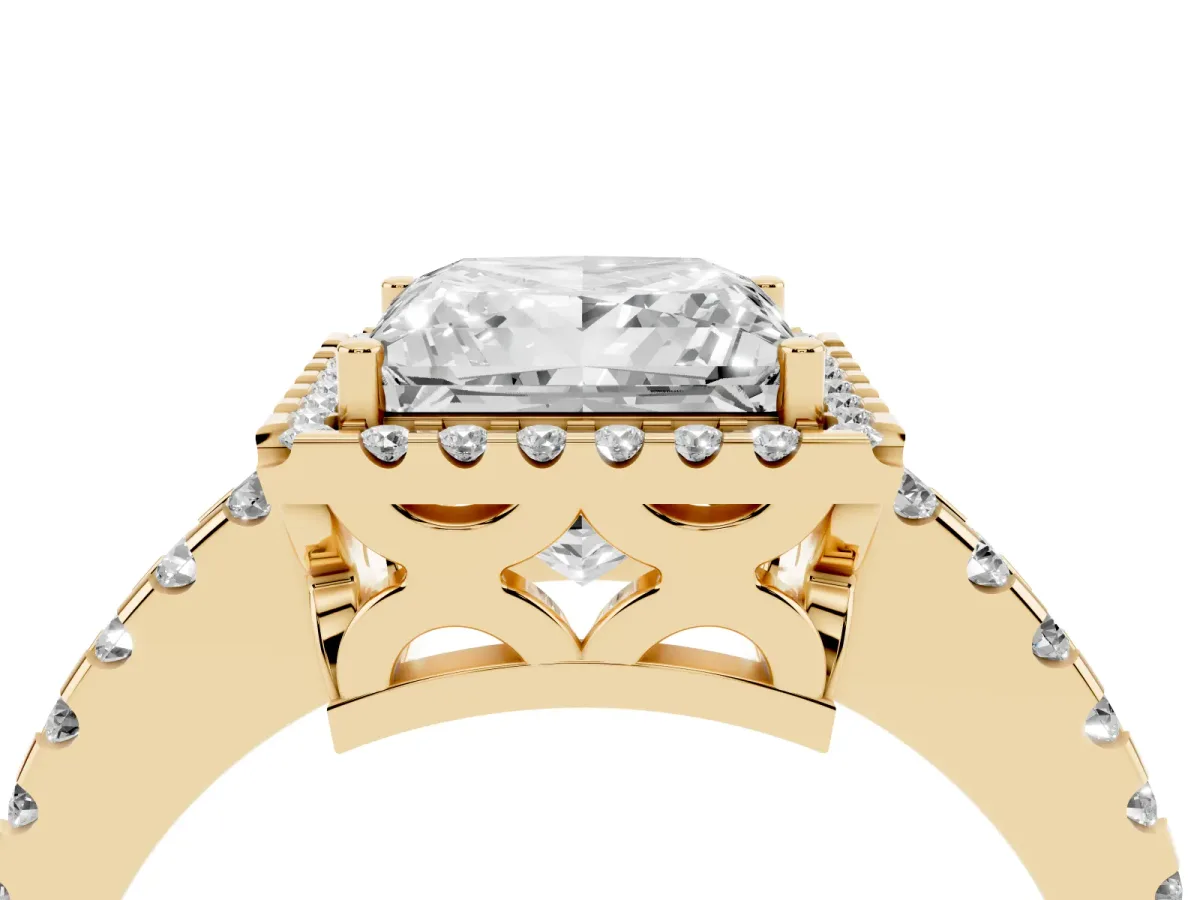 Princess Cut Diamond Halo Engagement Ring with Pavé Band and Prong Setting Yellow gold