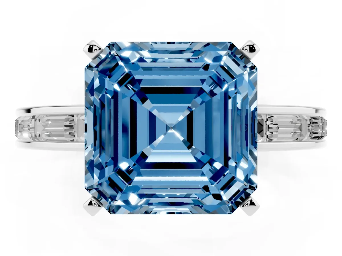 Fancy Blue Asscher Cut Solitaire Diamond Ring with Channel-Set Baguette Band and Four-Prong Setting Silver