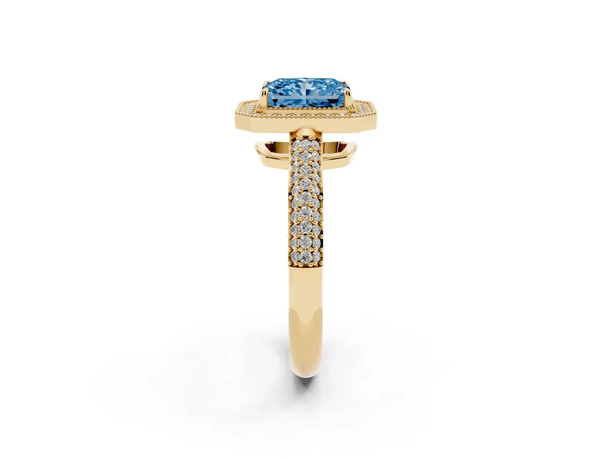 Fancy Blue Radiant Cut Cut Halo Diamond Pave Band with Four-Prong Setting Yellow gold