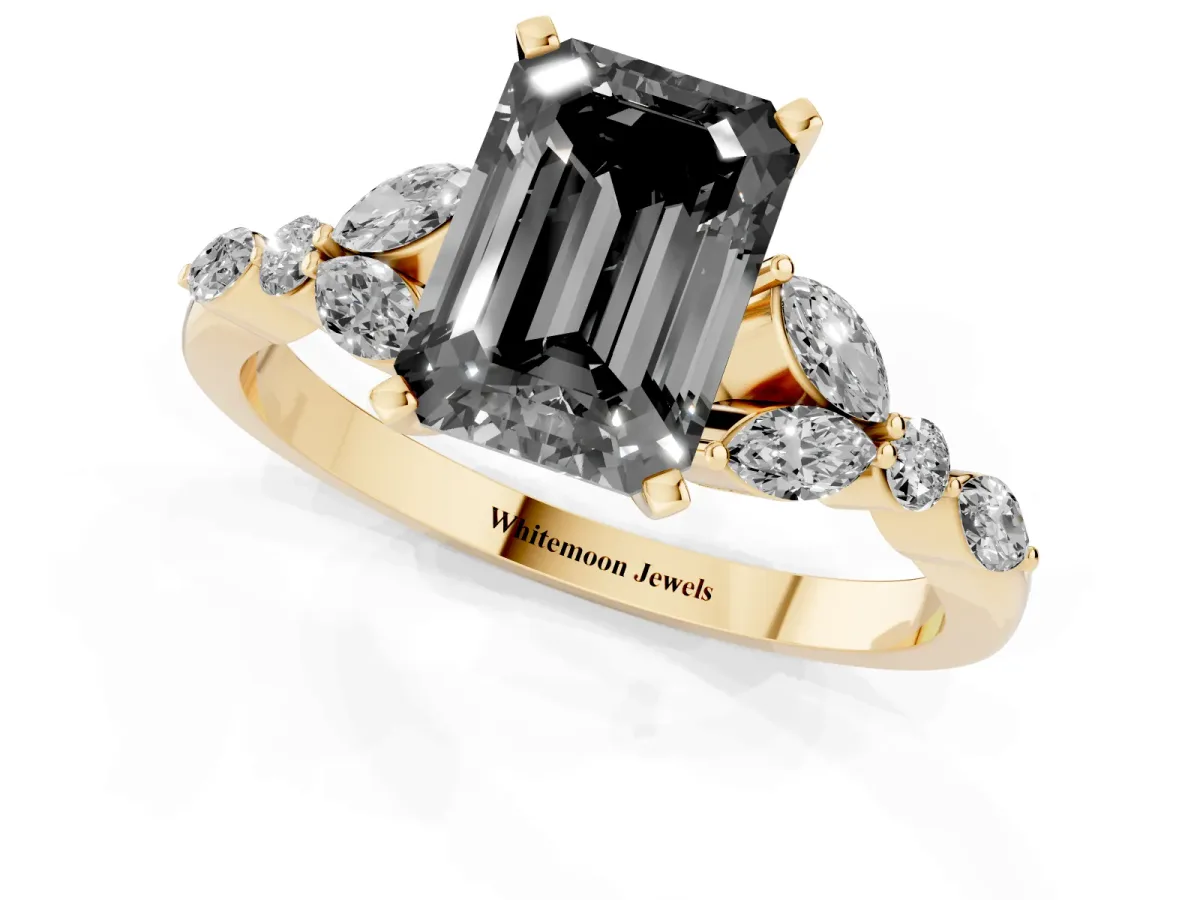 Fancy Black Emerald Cut Diamond Solitaire Ring with Side Stones and Four-Prong Setting Yellow gold