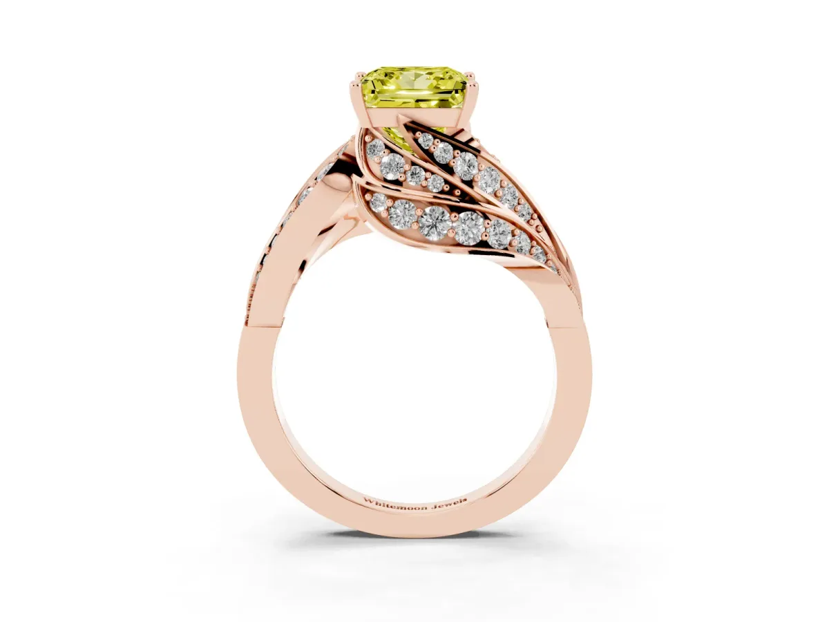 Fancy Yellow Princess Cut Diamond Solitaire Ring with Prong Setting and Twisted Pavé Band Rose gold