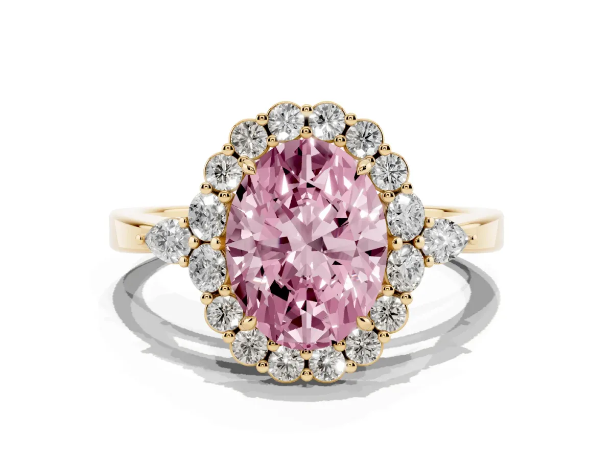 Fancy Pink Oval Cut Diamond Halo Ring with Pear Side Stones and Prong Setting Yellow gold