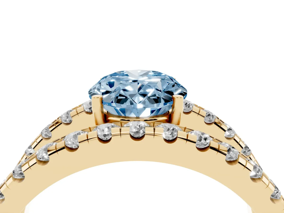 Fancy Blue Oval Cut Solitaire Split Shank Pave Diamond Ring Yellow gold
