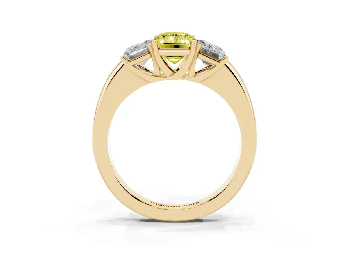 Fancy Yellow Emerald Cut Diamond Three-Stone Ring with Four-Prong Setting and Classic Band Yellow gold