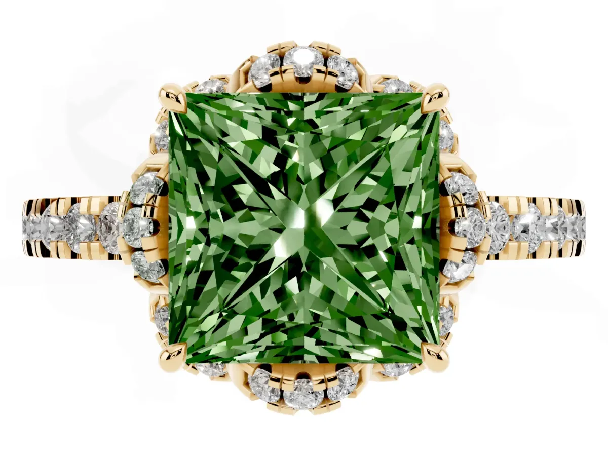 Fancy Green Princess Cut Diamond Halo Pave Band with Four-Prong Setting Yellow gold