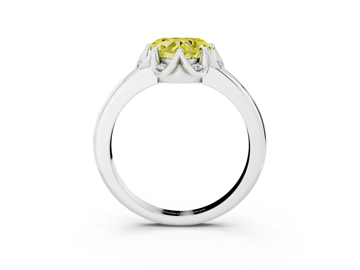Fancy Yellow Heart Cut Halo Diamond Ring with Round Cluster Setting, Solitaire Band, and Four-Prong Setting White gold