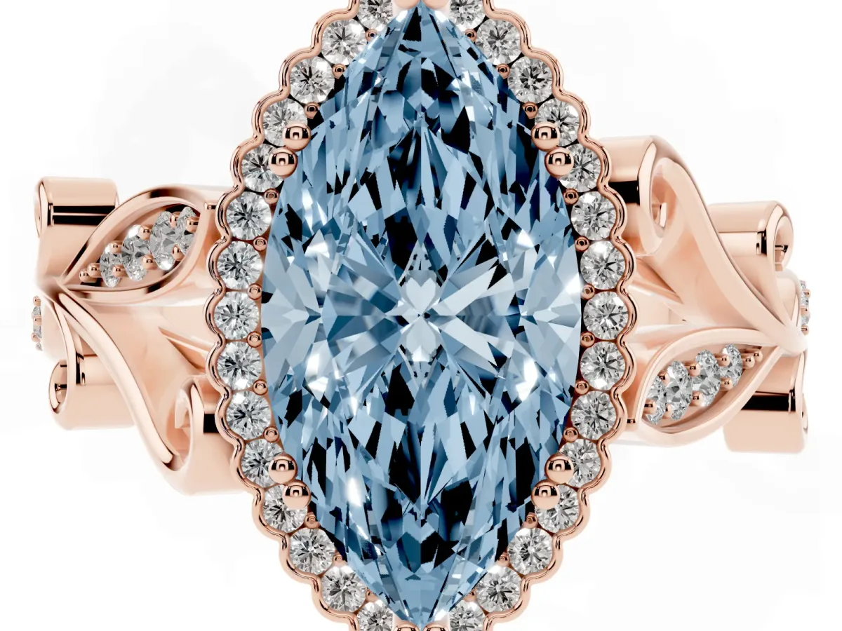 Fancy Blue Marquise Cut Diamond Halo Ring with Vintage Split Shank and Four-Prong Setting Rose gold