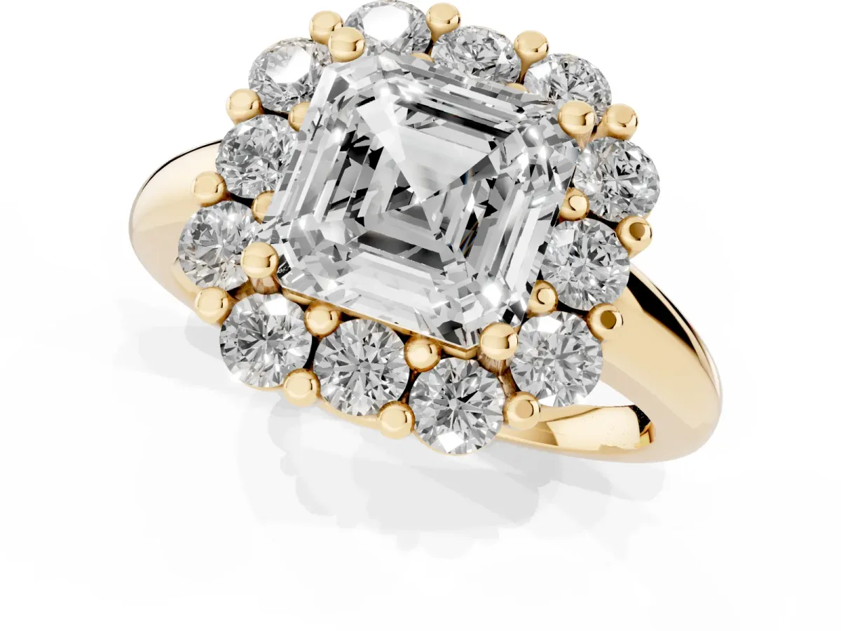 Asscher Cut Halo Cluster Diamond Engagement Ring with Prong Setting and Polished Band Yellow gold