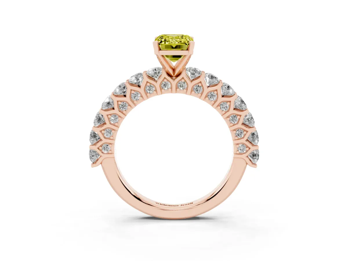 Fancy Yellow Emerald Cut Diamond Solitaire Ring with Shared Prong Pavé Band and Four-Prong Setting Rose gold