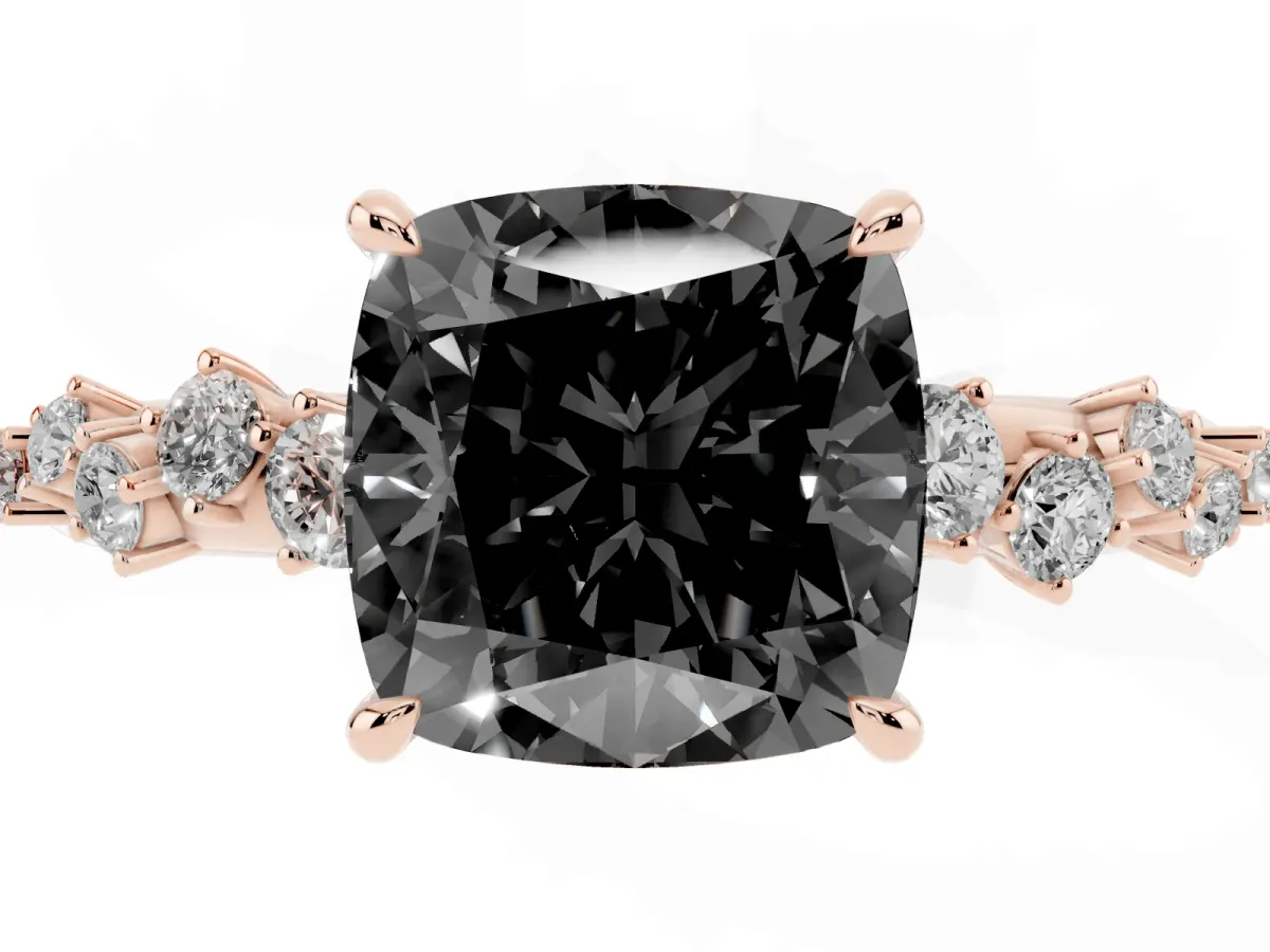 Fancy Black Cushion Cut Diamond Cluster Side Stone Solitaire Ring with Prong Setting Rose gold