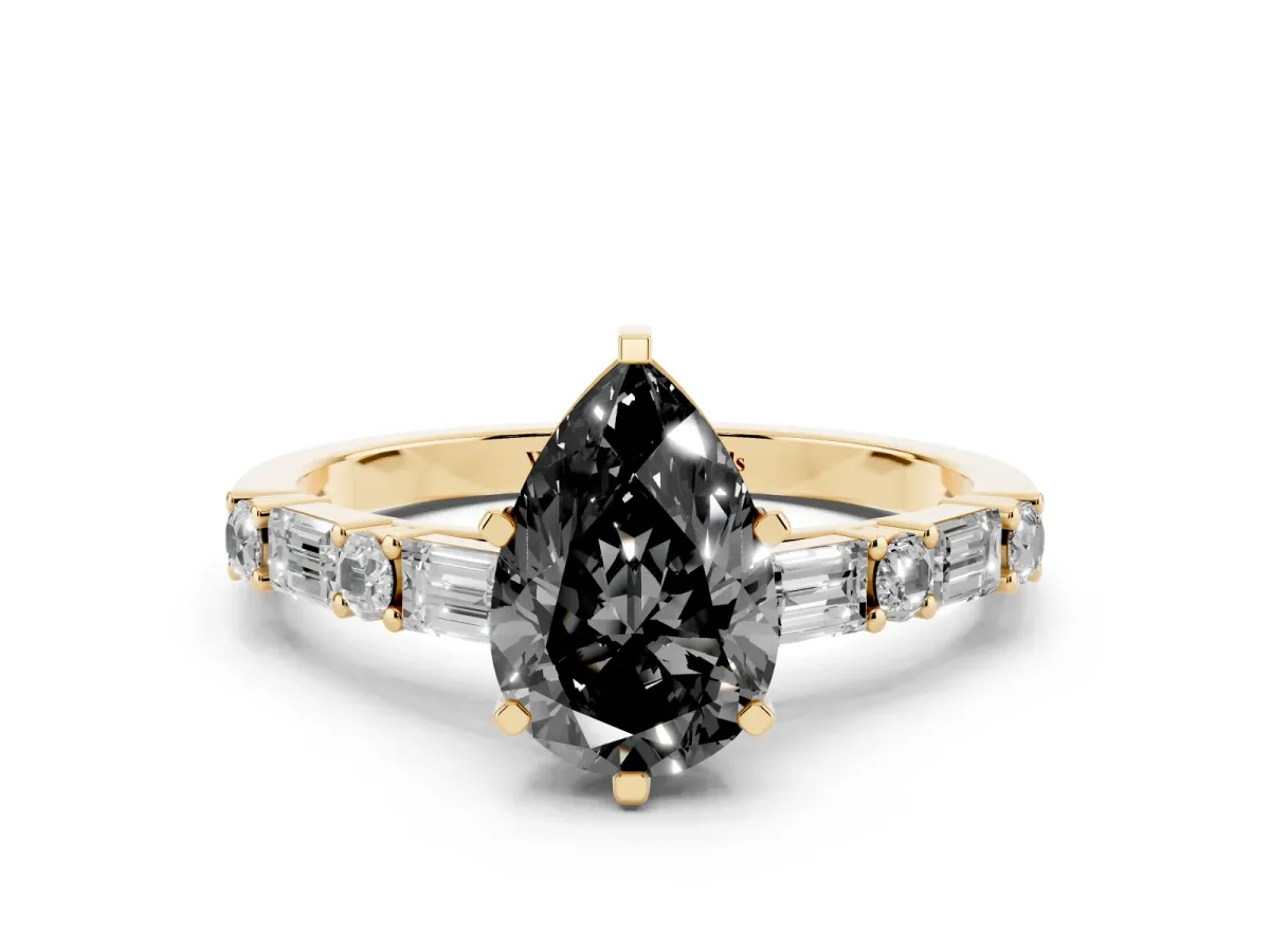 Fancy Black Pear Cut Diamond Solitaire with Side Baguettes and Channel Set Band Yellow gold