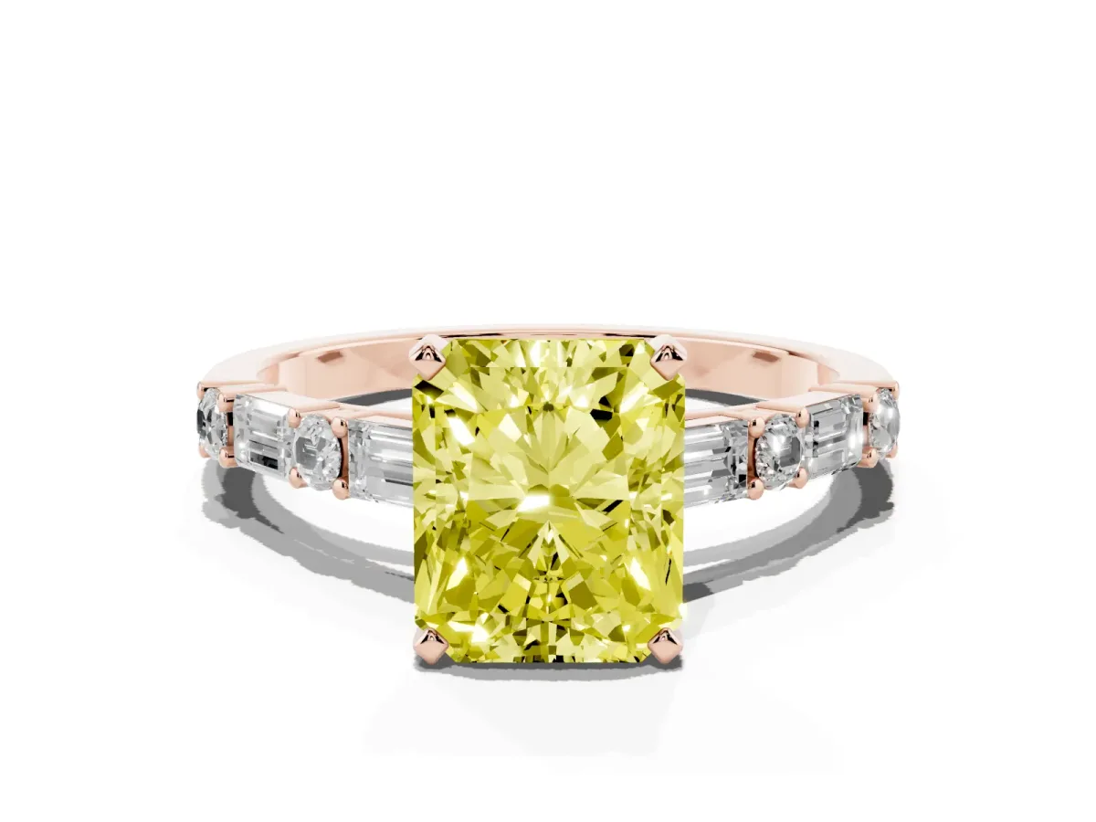 Fancy Yellow Radiant Cut Diamond Solitaire with Side Baguettes and Channel Set Band Rose gold