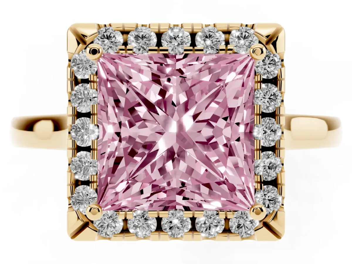 Fancy Pink Princess Cut Halo Round Diamond Solitaire Ring with Pavé Band and Four-Prong Setting Yellow gold
