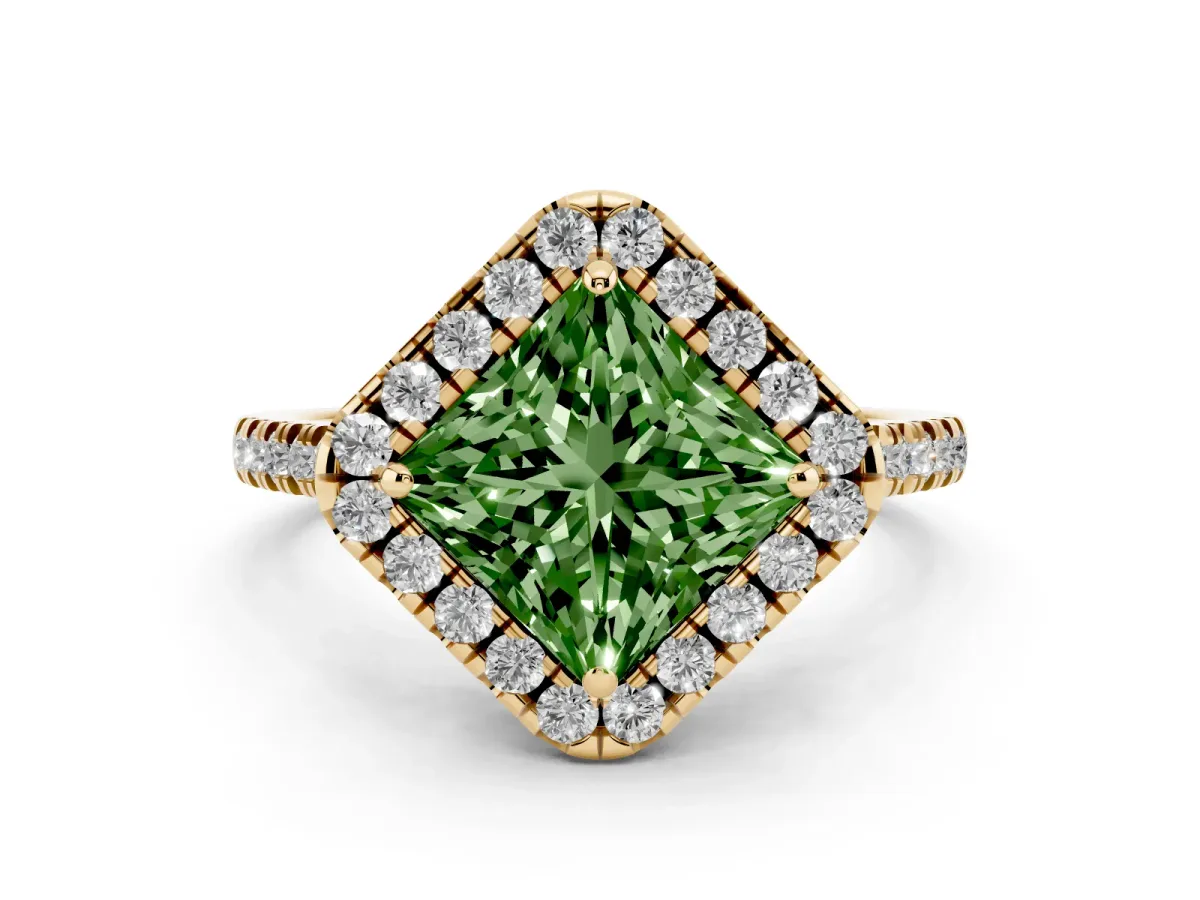 Fancy Green Princess Cut Diamond Cushion Halo Ring with Pavé Band Yellow gold