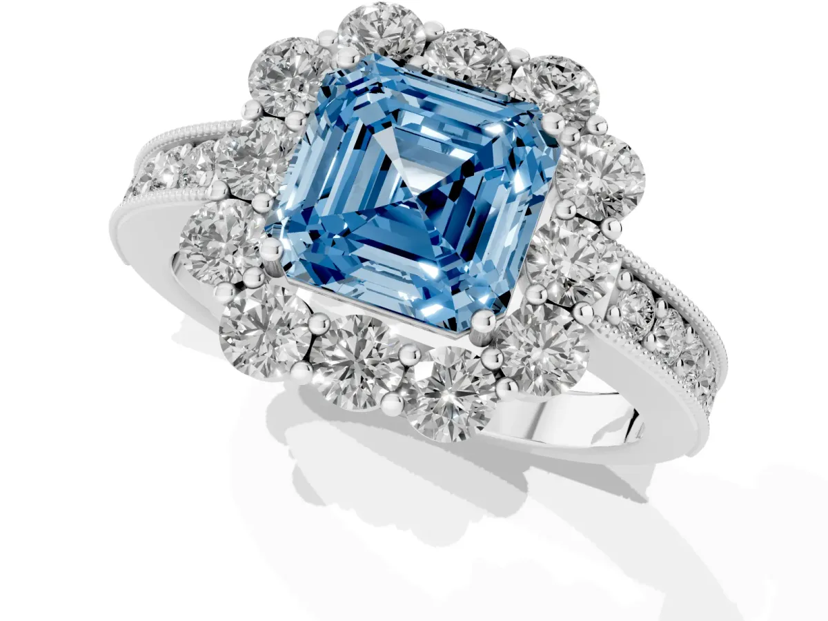 Fancy Blue Asscher Cut Cut Halo Diamond Pavé Engagement Ring with Milgrain Detailing Platinum