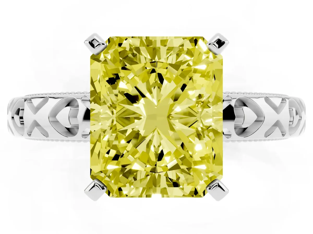 Fancy Yellow Radiant Cut Solitaire Diamond Engagement Ring with XO Engraved Band and Four-Prong Setting Silver