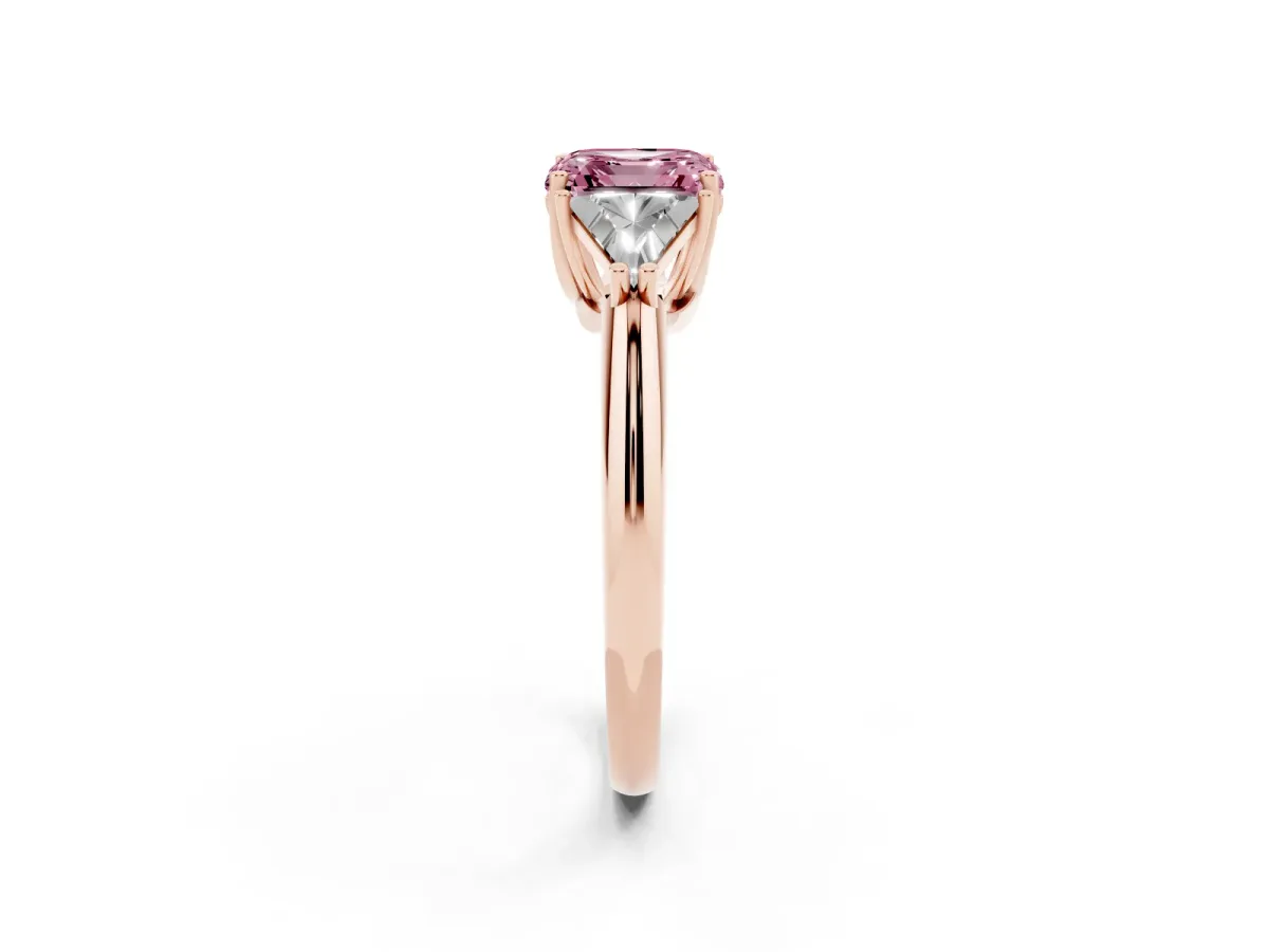 Fancy Pink Three-Stone Asscher Cut Diamond Engagement Ring with Trillion Side Stones and Prong Setting Rose gold