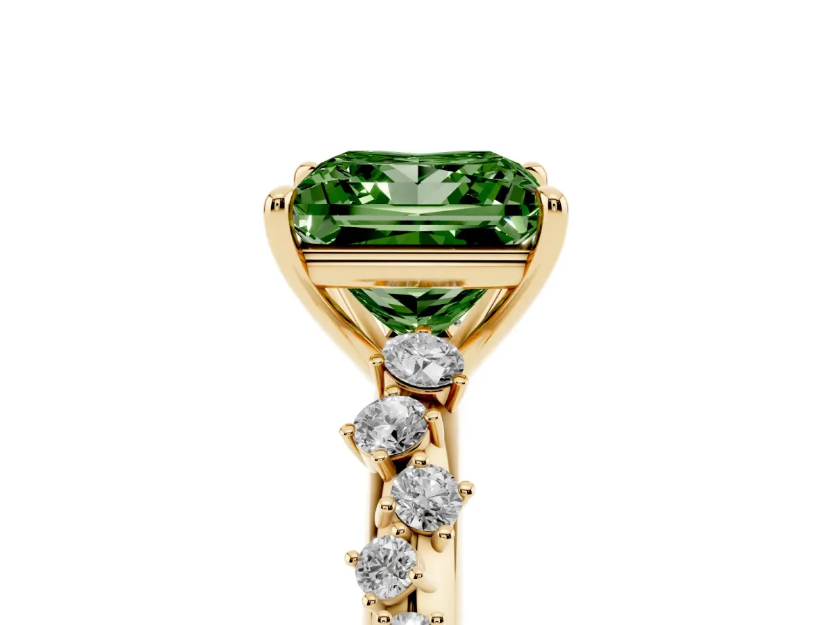 Fancy Green Princess Cut Diamond Cluster Side Stone Solitaire Ring with Prong Setting Yellow gold