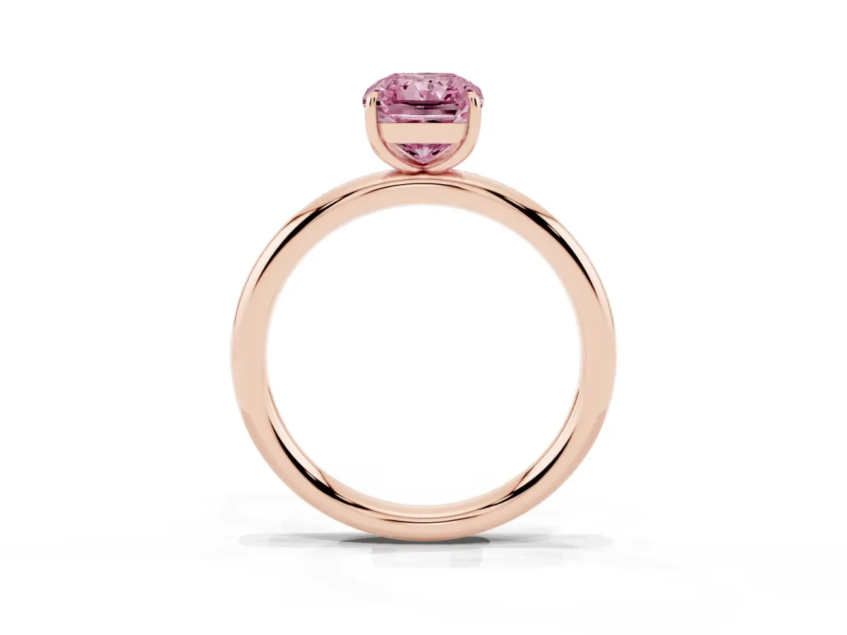 Fancy Pink Radiant Cut Solitaire Diamond Ring with Four-Prong Setting on a Plain Band Rose gold