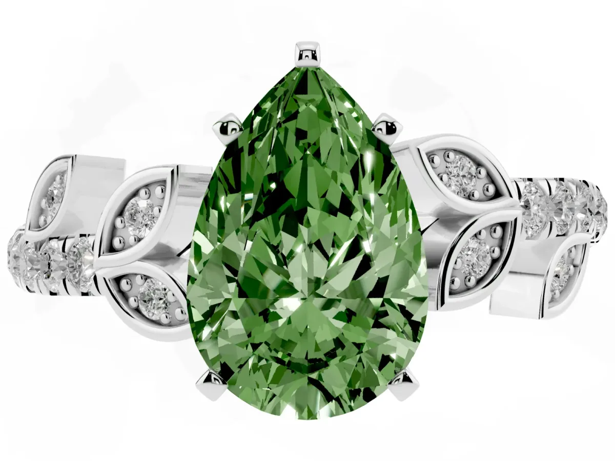 Fancy Green Pear Cut Solitaire Leaf-Inspired Diamond Ring with Pavé Band and Four-Prong Setting Silver