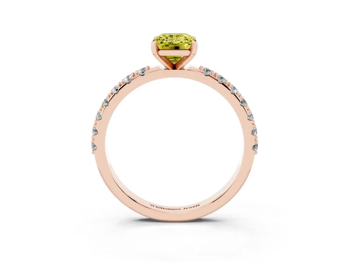 Fancy Yellow Emerald Cut Diamond Solitaire Pavé Band with Four-Prong Setting Rose gold