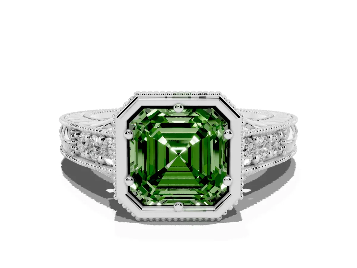 Fancy Green Bezel Set Asscher Cut Diamond Milgrain Pave Engagement Ring Silver