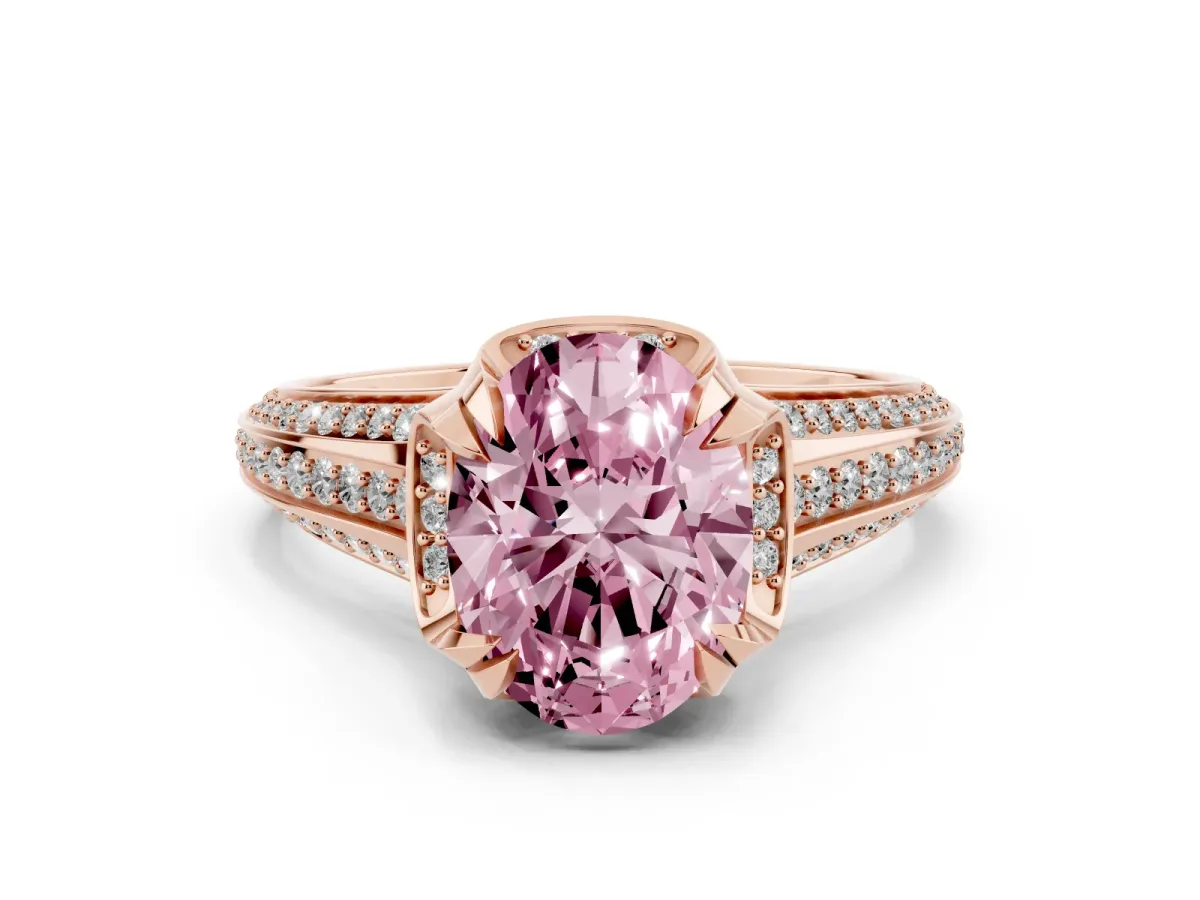 Fancy Pink Oval Cut Solitaire Pave Split Shank Ring with Four-Prong Setting Rose gold