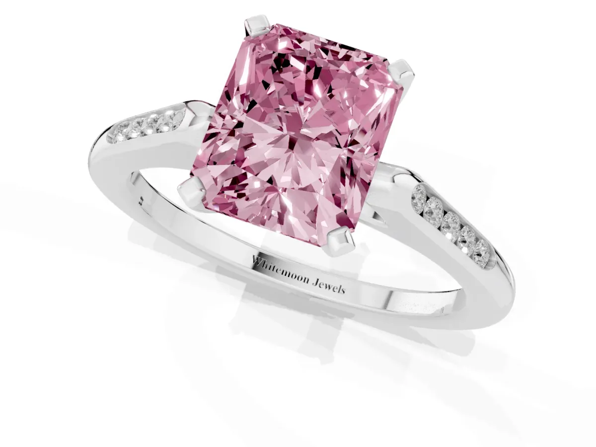 Fancy Pink Radiant Cut Diamond Solitaire Ring with Channel Set Round Band and Prong Setting Silver