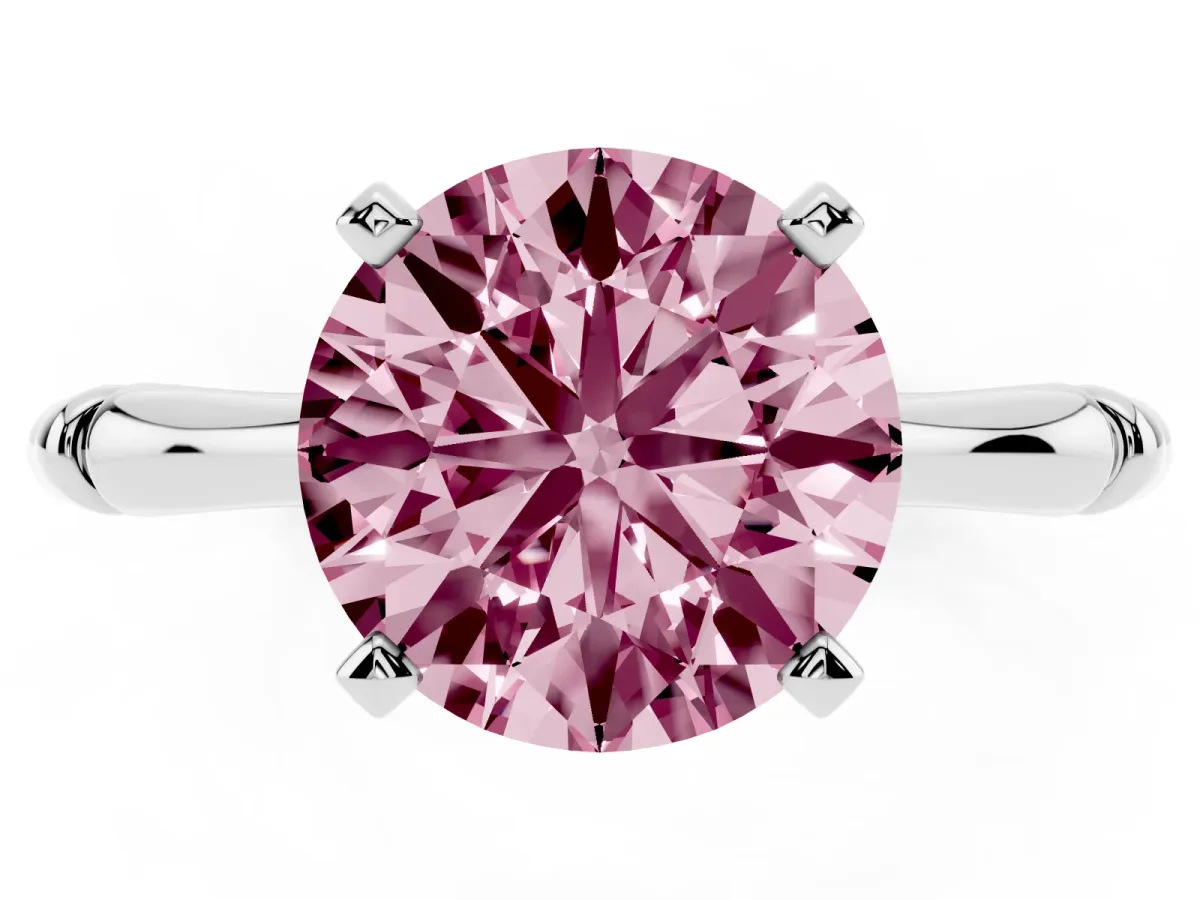 Fancy Pink Round Cut Solitaire Diamond Ring with Bamboo Band and Four-Prong Setting Silver