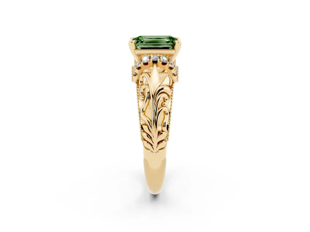 Fancy Green Emerald Cut Solitaire Filigree Engagement Ring with Halo and Prong Setting Yellow gold