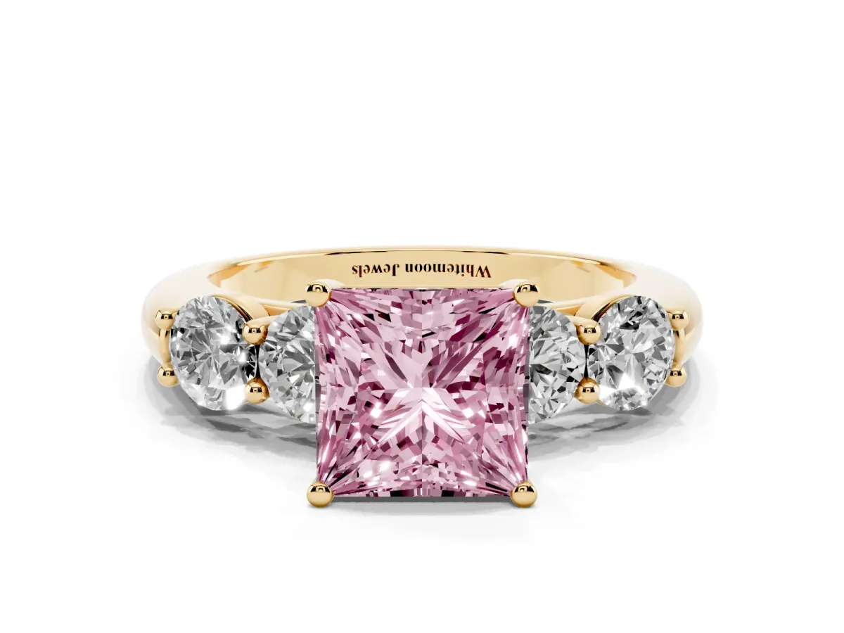 Fancy Pink Princess Cut Cut Five-Stone Prong Set Diamond Ring with Classic Band Yellow gold