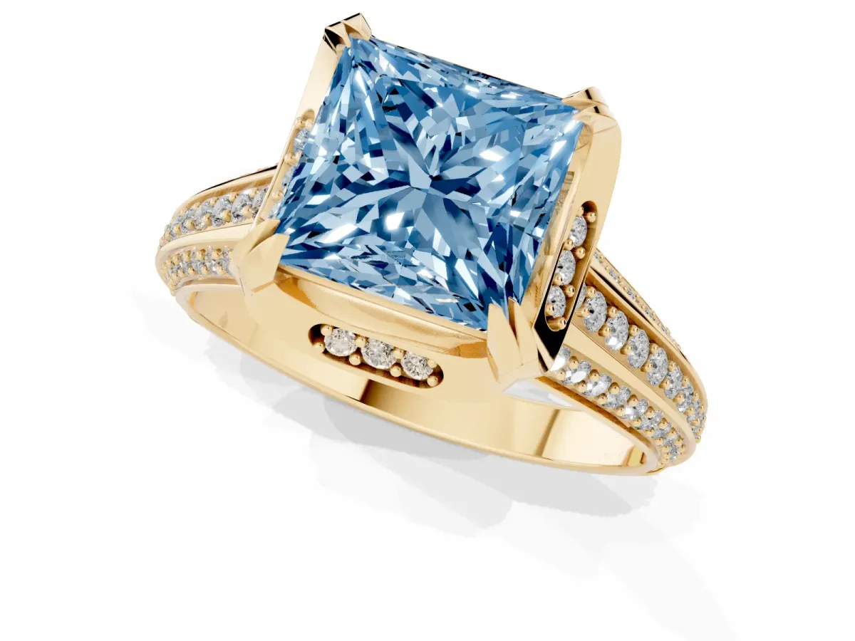 Fancy Blue Princess Cut Solitaire Pave Split Shank Ring with Four-Prong Setting Yellow gold