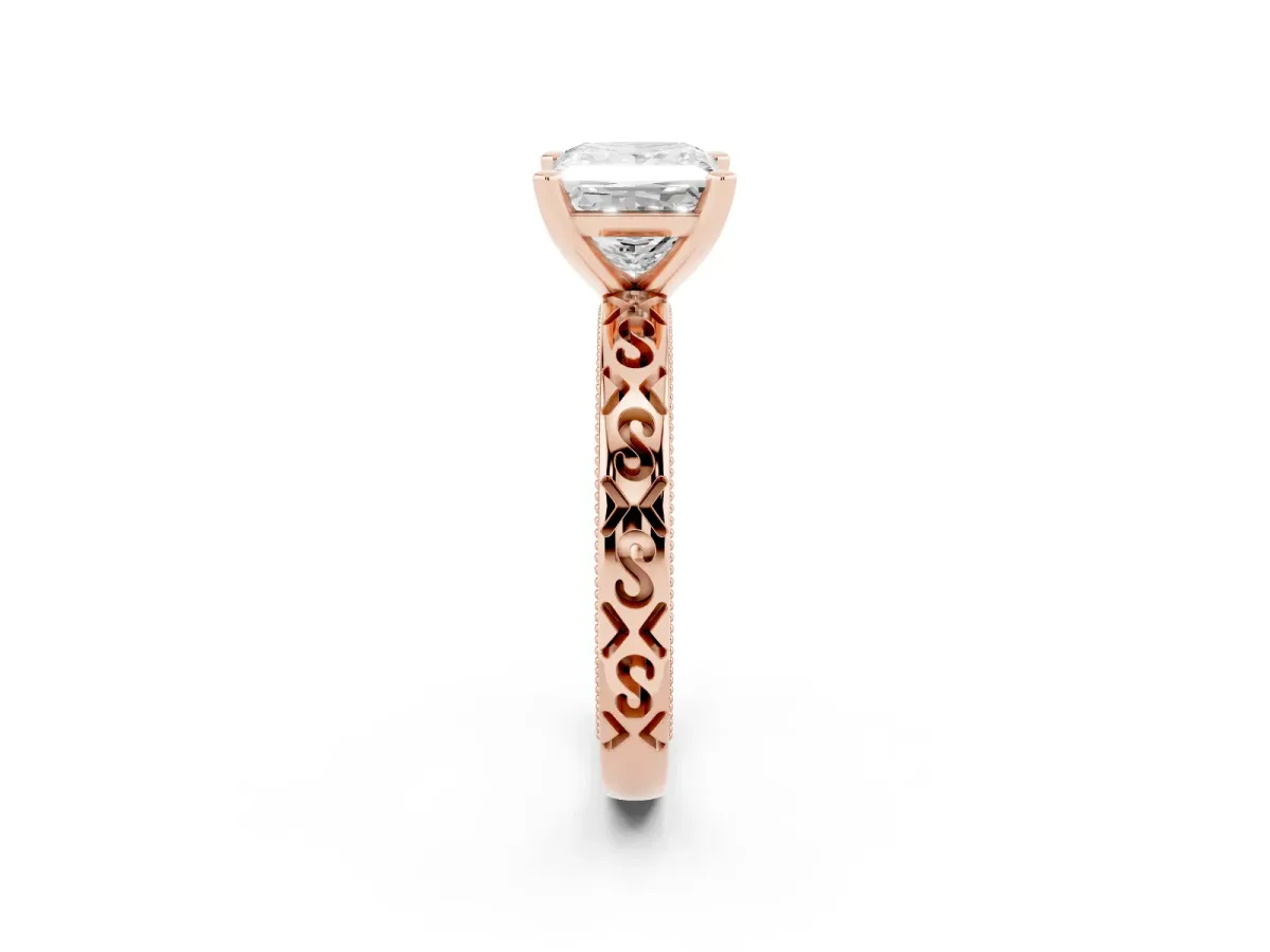 Princess Cut Solitaire Engagement Ring with Scrollwork Band and Four-Prong Setting Rose gold